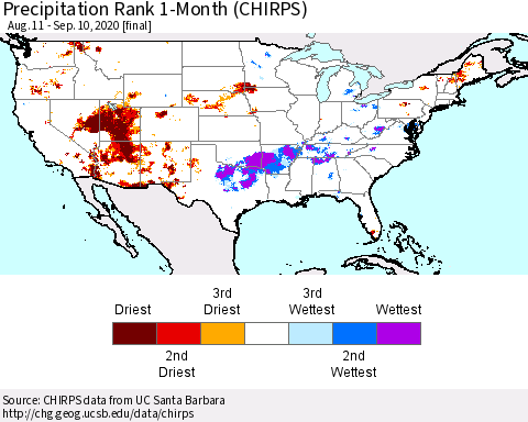 United States Precipitation Rank 1-Month (CHIRPS) Thematic Map For 8/11/2020 - 9/10/2020