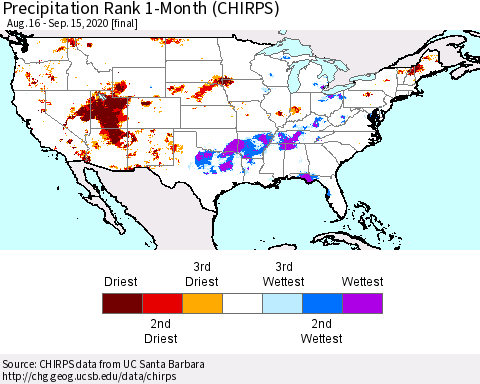 United States Precipitation Rank since 1981, 1-Month (CHIRPS) Thematic Map For 8/16/2020 - 9/15/2020