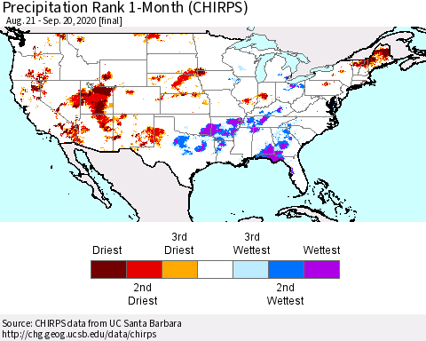 United States Precipitation Rank since 1981, 1-Month (CHIRPS) Thematic Map For 8/21/2020 - 9/20/2020