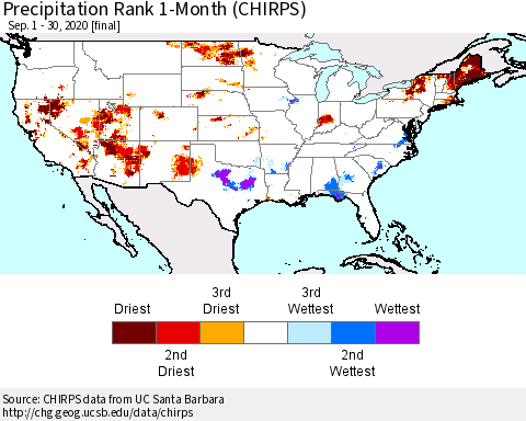 United States Precipitation Rank since 1981, 1-Month (CHIRPS) Thematic Map For 9/1/2020 - 9/30/2020
