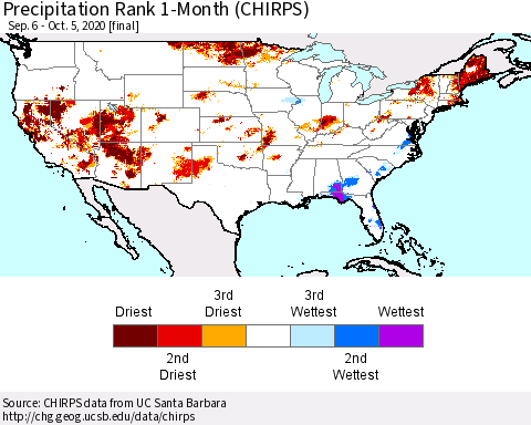 United States Precipitation Rank since 1981, 1-Month (CHIRPS) Thematic Map For 9/6/2020 - 10/5/2020