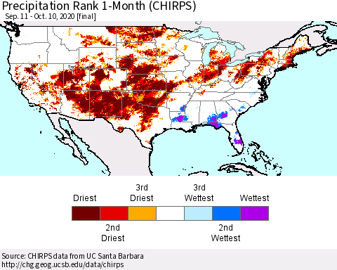 United States Precipitation Rank 1-Month (CHIRPS) Thematic Map For 9/11/2020 - 10/10/2020