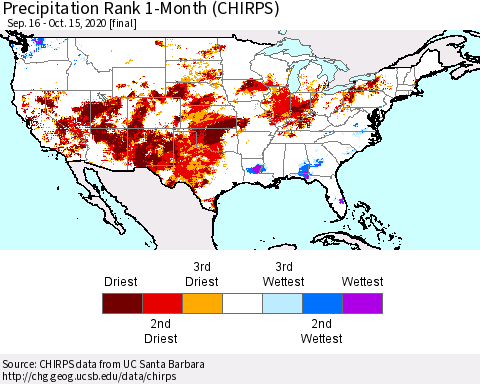 United States Precipitation Rank since 1981, 1-Month (CHIRPS) Thematic Map For 9/16/2020 - 10/15/2020