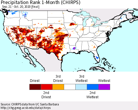 United States Precipitation Rank since 1981, 1-Month (CHIRPS) Thematic Map For 9/21/2020 - 10/20/2020