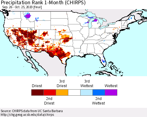 United States Precipitation Rank since 1981, 1-Month (CHIRPS) Thematic Map For 9/26/2020 - 10/25/2020