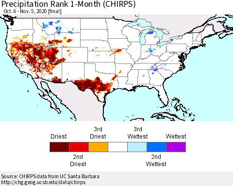 United States Precipitation Rank since 1981, 1-Month (CHIRPS) Thematic Map For 10/6/2020 - 11/5/2020