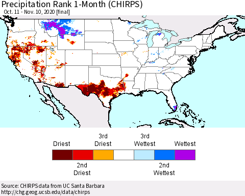United States Precipitation Rank since 1981, 1-Month (CHIRPS) Thematic Map For 10/11/2020 - 11/10/2020
