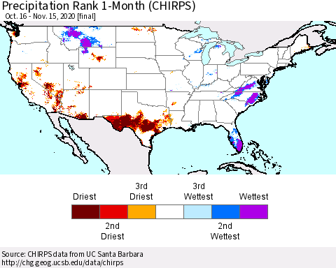United States Precipitation Rank since 1981, 1-Month (CHIRPS) Thematic Map For 10/16/2020 - 11/15/2020