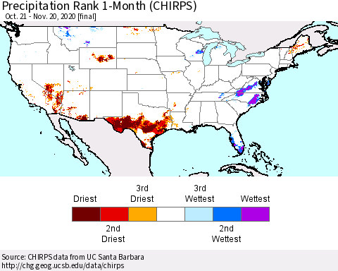 United States Precipitation Rank 1-Month (CHIRPS) Thematic Map For 10/21/2020 - 11/20/2020