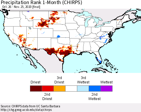 United States Precipitation Rank since 1981, 1-Month (CHIRPS) Thematic Map For 10/26/2020 - 11/25/2020