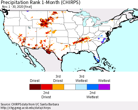 United States Precipitation Rank since 1981, 1-Month (CHIRPS) Thematic Map For 11/1/2020 - 11/30/2020