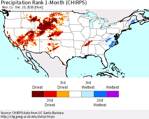 United States Precipitation Rank since 1981, 1-Month (CHIRPS) Thematic Map For 11/11/2020 - 12/10/2020