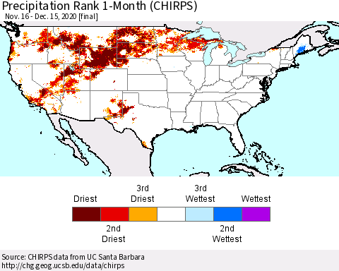 United States Precipitation Rank since 1981, 1-Month (CHIRPS) Thematic Map For 11/16/2020 - 12/15/2020