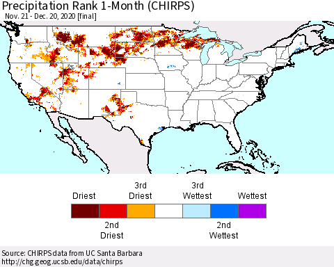 United States Precipitation Rank since 1981, 1-Month (CHIRPS) Thematic Map For 11/21/2020 - 12/20/2020