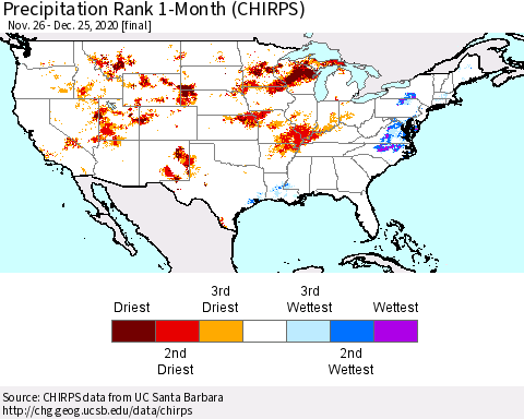 United States Precipitation Rank 1-Month (CHIRPS) Thematic Map For 11/26/2020 - 12/25/2020