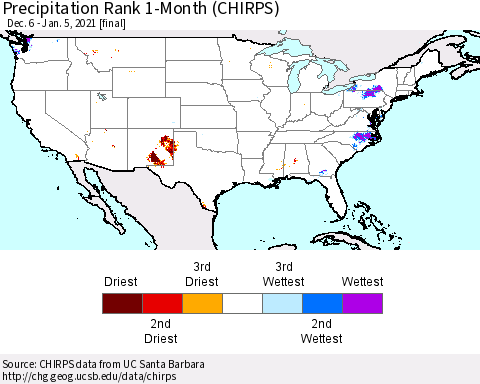 United States Precipitation Rank 1-Month (CHIRPS) Thematic Map For 12/6/2020 - 1/5/2021