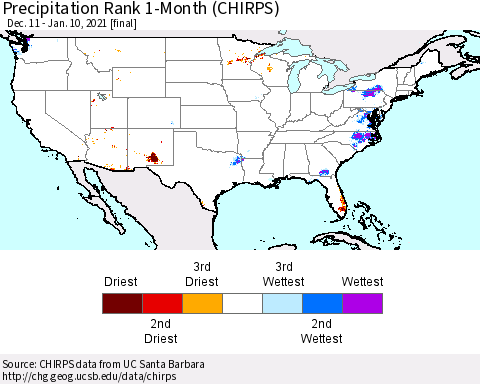 United States Precipitation Rank since 1981, 1-Month (CHIRPS) Thematic Map For 12/11/2020 - 1/10/2021