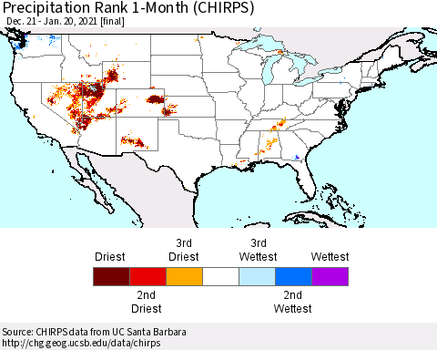 United States Precipitation Rank since 1981, 1-Month (CHIRPS) Thematic Map For 12/21/2020 - 1/20/2021