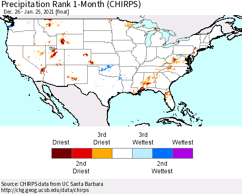 United States Precipitation Rank 1-Month (CHIRPS) Thematic Map For 12/26/2020 - 1/25/2021