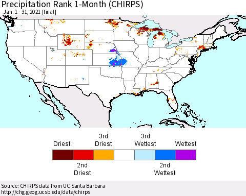 United States Precipitation Rank since 1981, 1-Month (CHIRPS) Thematic Map For 1/1/2021 - 1/31/2021