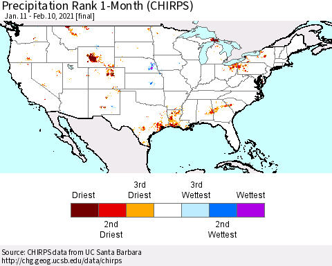 United States Precipitation Rank since 1981, 1-Month (CHIRPS) Thematic Map For 1/11/2021 - 2/10/2021
