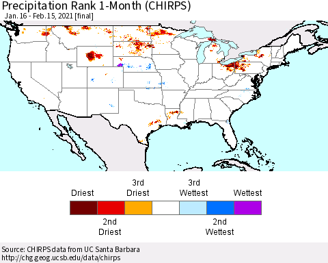 United States Precipitation Rank since 1981, 1-Month (CHIRPS) Thematic Map For 1/16/2021 - 2/15/2021