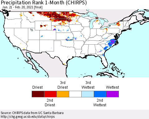 United States Precipitation Rank 1-Month (CHIRPS) Thematic Map For 1/21/2021 - 2/20/2021