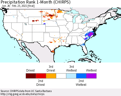 United States Precipitation Rank since 1981, 1-Month (CHIRPS) Thematic Map For 1/26/2021 - 2/25/2021