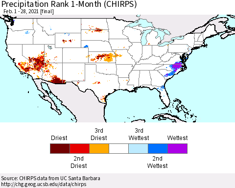 United States Precipitation Rank 1-Month (CHIRPS) Thematic Map For 2/1/2021 - 2/28/2021