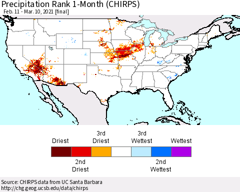 United States Precipitation Rank 1-Month (CHIRPS) Thematic Map For 2/11/2021 - 3/10/2021