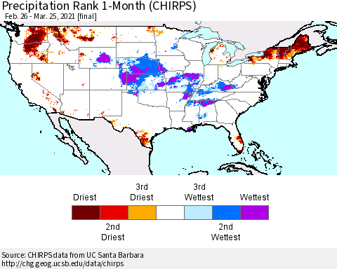 United States Precipitation Rank since 1981, 1-Month (CHIRPS) Thematic Map For 2/26/2021 - 3/25/2021