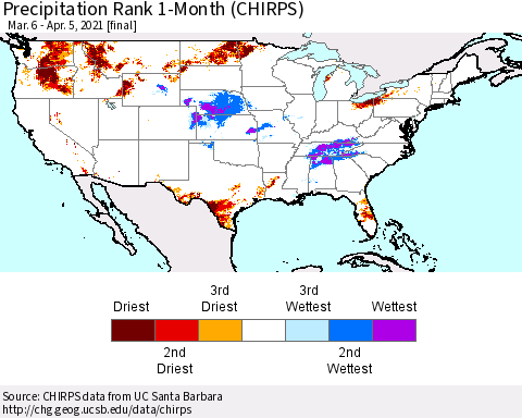 United States Precipitation Rank 1-Month (CHIRPS) Thematic Map For 3/6/2021 - 4/5/2021