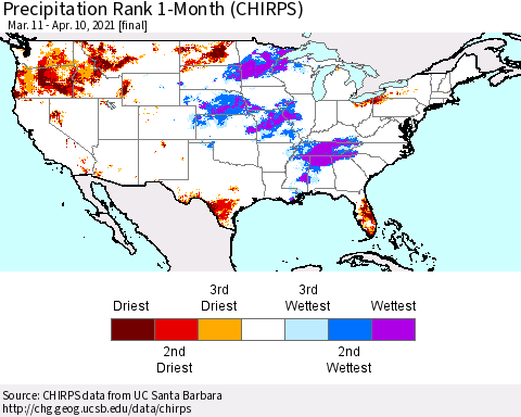 United States Precipitation Rank 1-Month (CHIRPS) Thematic Map For 3/11/2021 - 4/10/2021