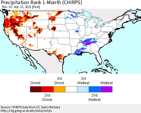 United States Precipitation Rank 1-Month (CHIRPS) Thematic Map For 3/16/2021 - 4/15/2021