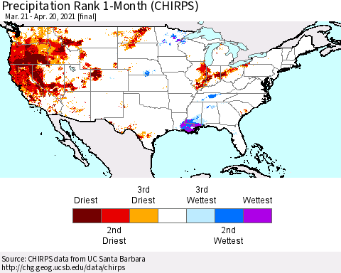 United States Precipitation Rank since 1981, 1-Month (CHIRPS) Thematic Map For 3/21/2021 - 4/20/2021
