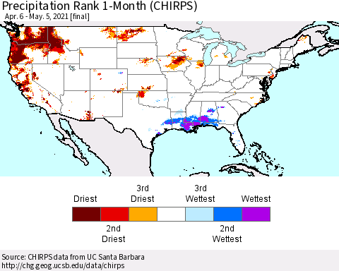 United States Precipitation Rank 1-Month (CHIRPS) Thematic Map For 4/6/2021 - 5/5/2021