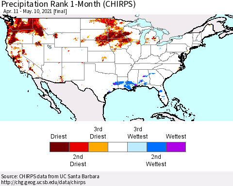 United States Precipitation Rank since 1981, 1-Month (CHIRPS) Thematic Map For 4/11/2021 - 5/10/2021