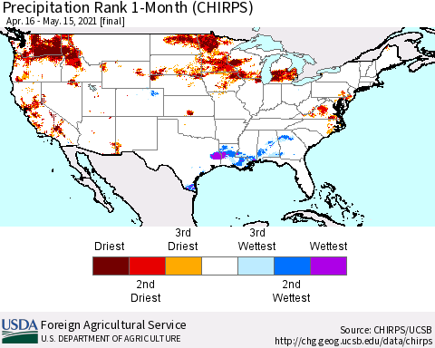 United States Precipitation Rank 1-Month (CHIRPS) Thematic Map For 4/16/2021 - 5/15/2021