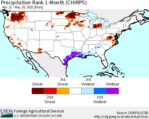 United States Precipitation Rank 1-Month (CHIRPS) Thematic Map For 4/21/2021 - 5/20/2021