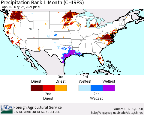 United States Precipitation Rank 1-Month (CHIRPS) Thematic Map For 4/26/2021 - 5/25/2021