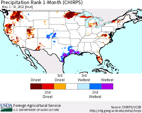 United States Precipitation Rank since 1981, 1-Month (CHIRPS) Thematic Map For 5/1/2021 - 5/31/2021