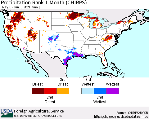 United States Precipitation Rank since 1981, 1-Month (CHIRPS) Thematic Map For 5/6/2021 - 6/5/2021