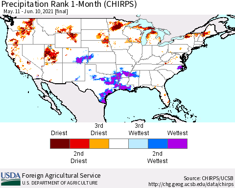 United States Precipitation Rank 1-Month (CHIRPS) Thematic Map For 5/11/2021 - 6/10/2021