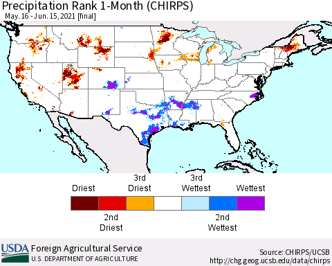 United States Precipitation Rank since 1981, 1-Month (CHIRPS) Thematic Map For 5/16/2021 - 6/15/2021