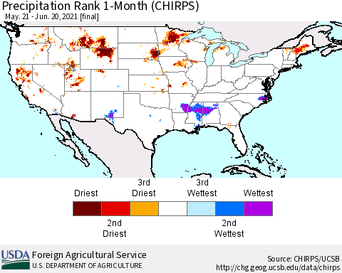 United States Precipitation Rank since 1981, 1-Month (CHIRPS) Thematic Map For 5/21/2021 - 6/20/2021