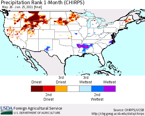 United States Precipitation Rank since 1981, 1-Month (CHIRPS) Thematic Map For 5/26/2021 - 6/25/2021