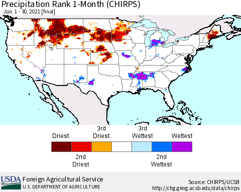 United States Precipitation Rank since 1981, 1-Month (CHIRPS) Thematic Map For 6/1/2021 - 6/30/2021