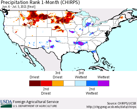 United States Precipitation Rank since 1981, 1-Month (CHIRPS) Thematic Map For 6/6/2021 - 7/5/2021