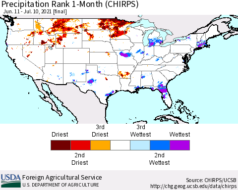 United States Precipitation Rank 1-Month (CHIRPS) Thematic Map For 6/11/2021 - 7/10/2021