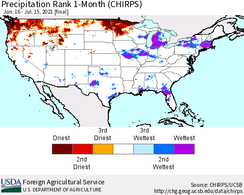 United States Precipitation Rank 1-Month (CHIRPS) Thematic Map For 6/16/2021 - 7/15/2021